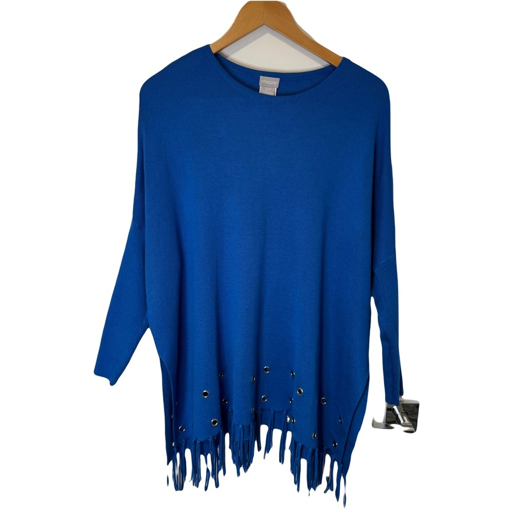 Chico’s  Women’s  Medium  Blue  Fringe  Tunic   Sweater  Lightweight  Bohemian